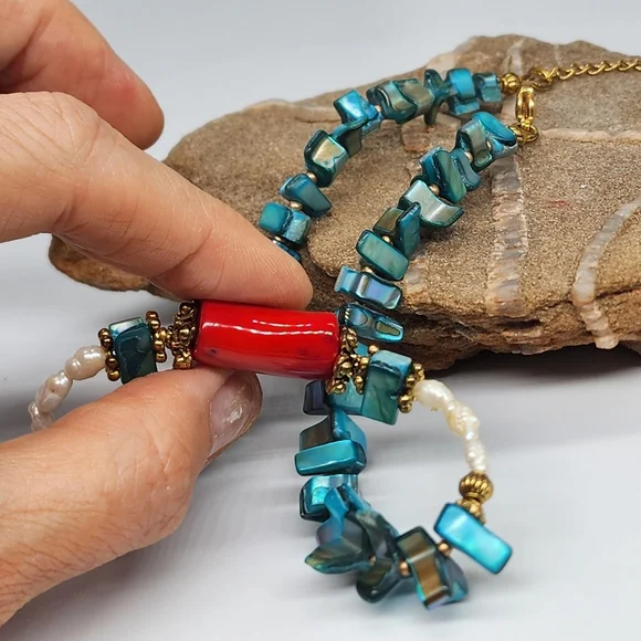 FP Ariana Ost Rare Designer Necklace Natural Coral Pearl Mother Of Pearl Stone - Picture 4 of 15